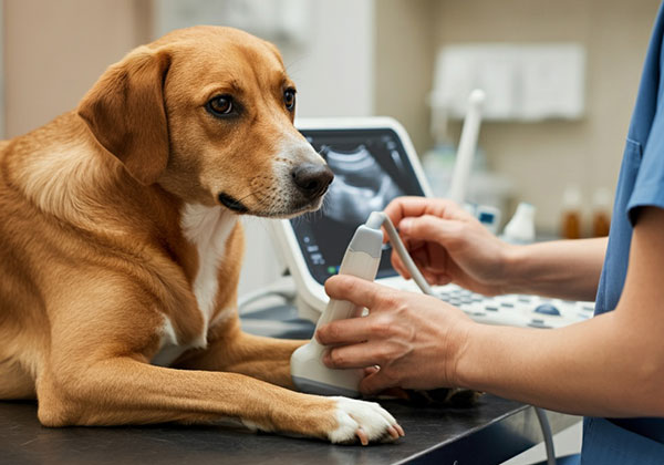 Veterinarian performing musculoskeletal ultrasound on a dog at Arcata Animal Hospital
